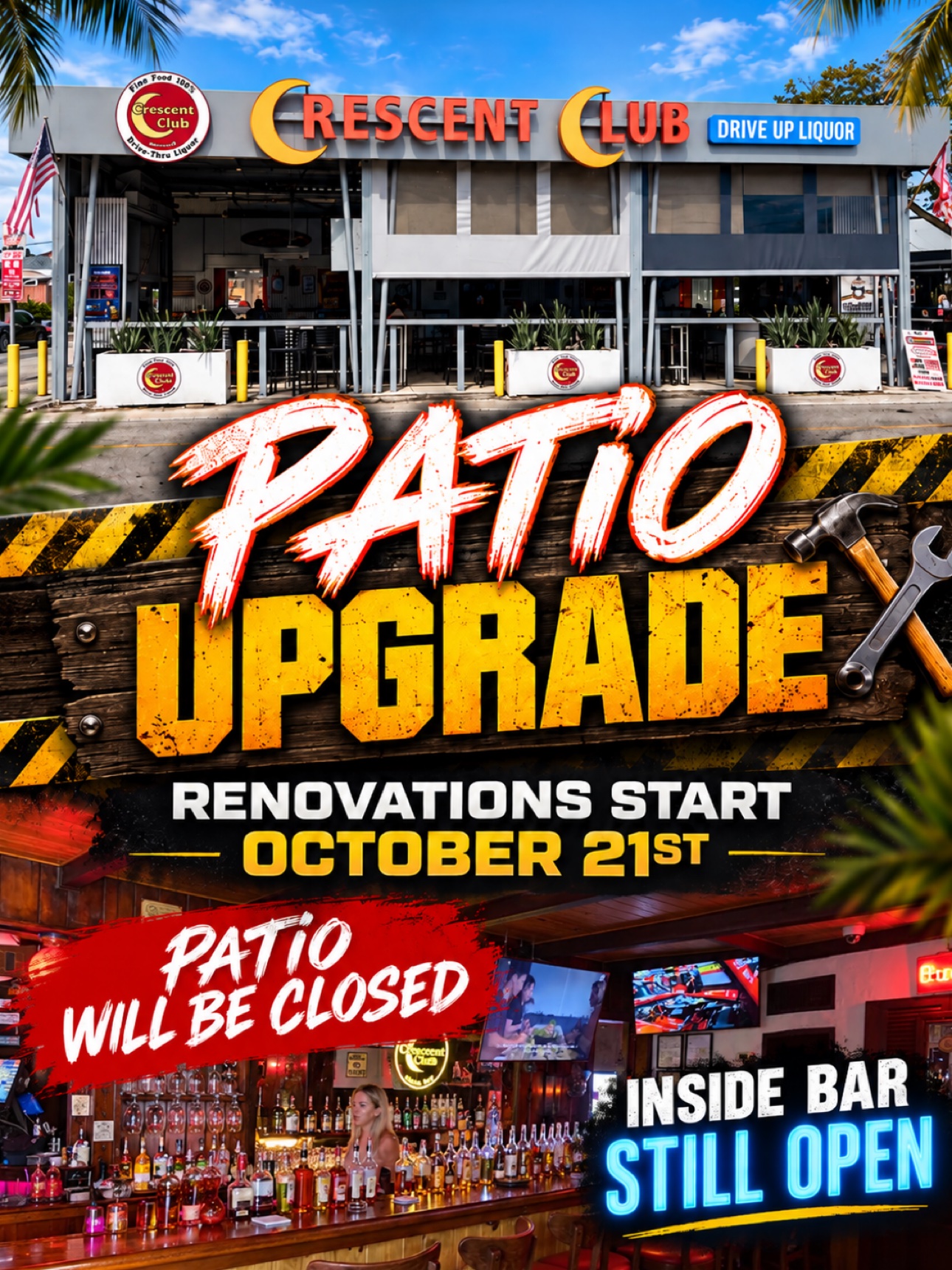 Patio Upgrade — Renovations Start Oct 21 · Inside Bar Still Open